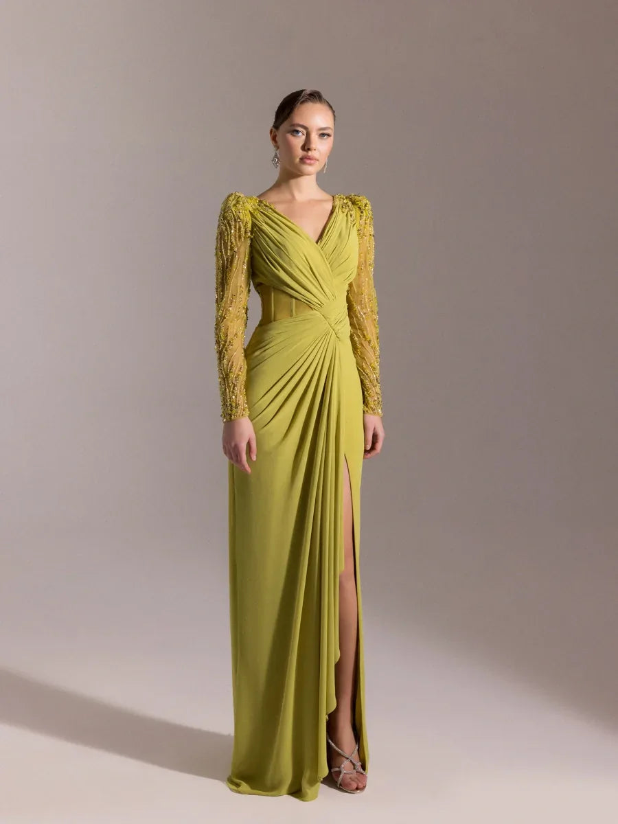 25066-V Yaka Omuzları İşlemeli Uzun Abiye Elbise - Kenzel