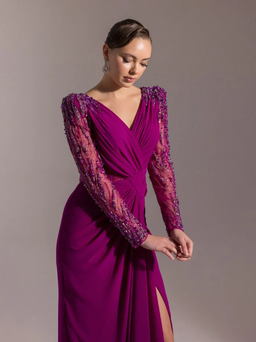 25066-V Yaka Omuzları İşlemeli Uzun Abiye Elbise - Kenzel