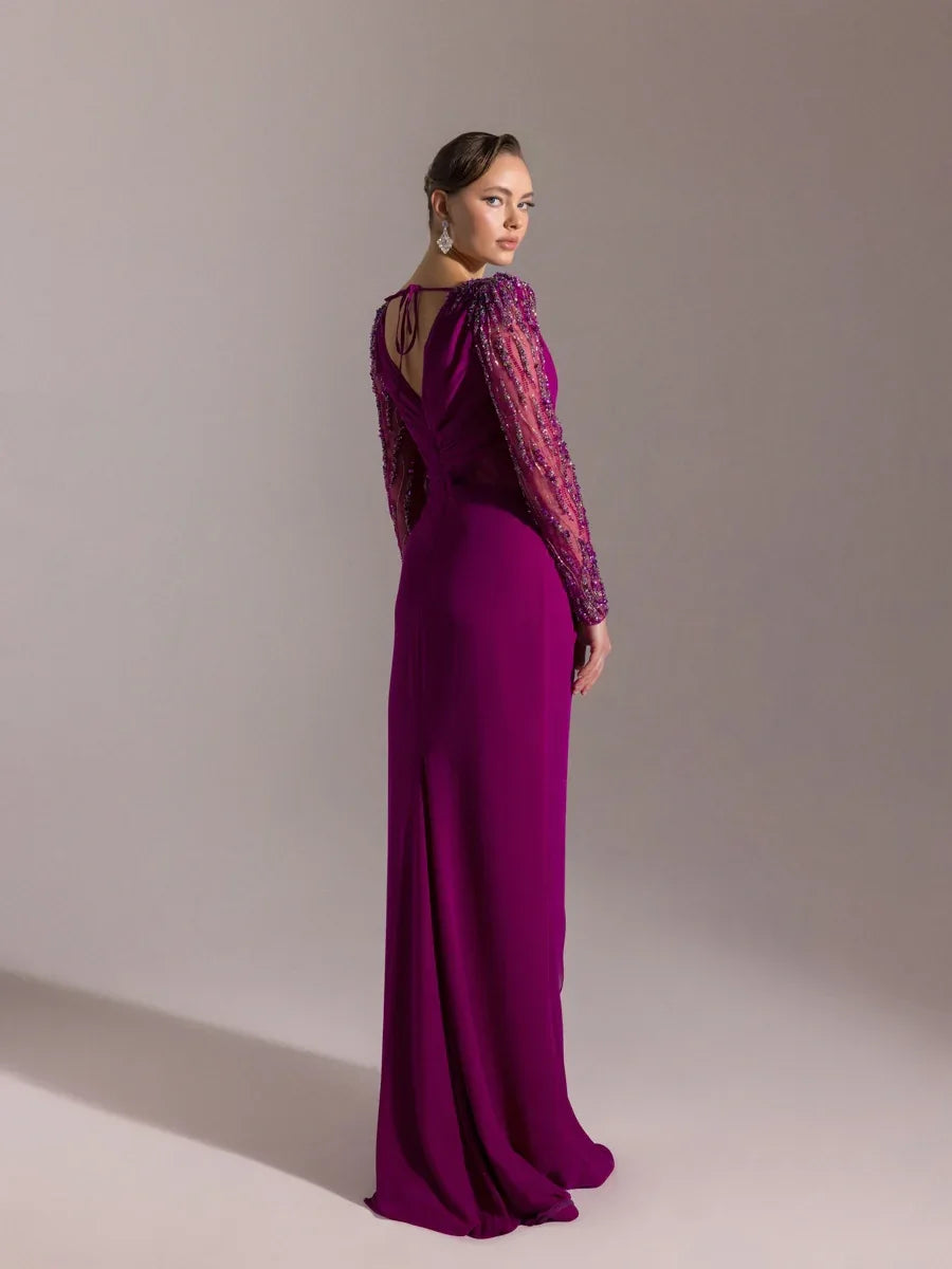 25066-V Yaka Omuzları İşlemeli Uzun Abiye Elbise - Kenzel