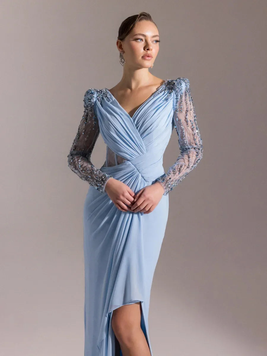 25066-V Yaka Omuzları İşlemeli Uzun Abiye Elbise - Kenzel