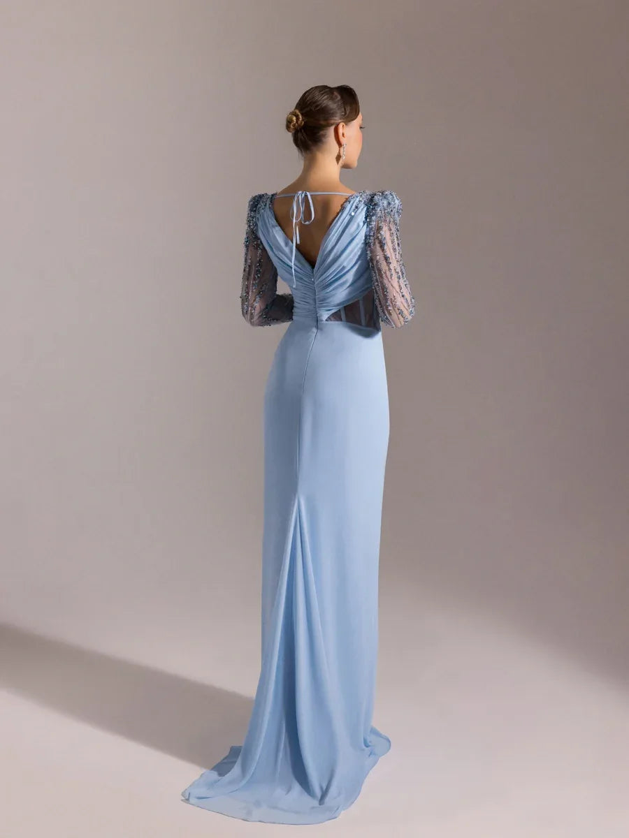 25066-V Yaka Omuzları İşlemeli Uzun Abiye Elbise - Kenzel