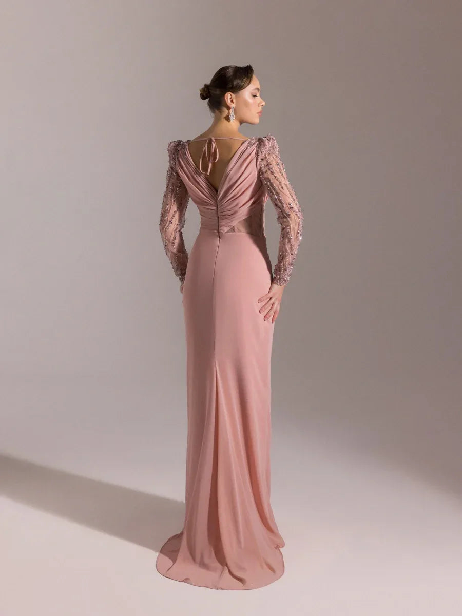 25066-V Yaka Omuzları İşlemeli Uzun Abiye Elbise - Kenzel