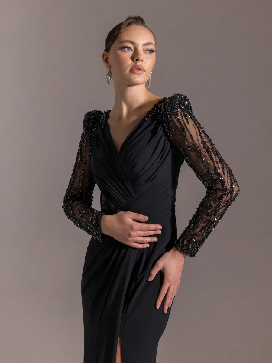 25066-V Yaka Omuzları İşlemeli Uzun Abiye Elbise - Kenzel