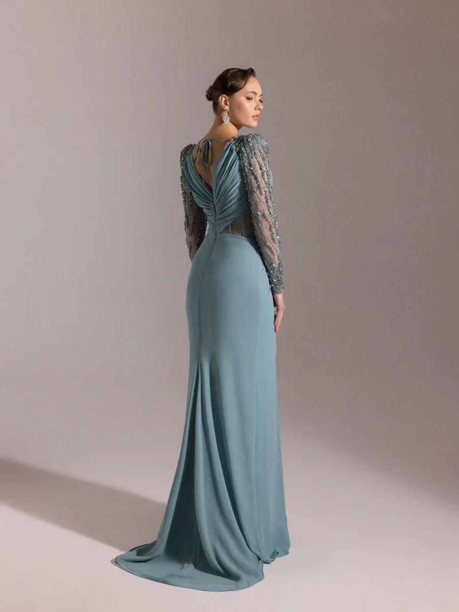 25066-V Yaka Omuzları İşlemeli Uzun Abiye Elbise - Kenzel