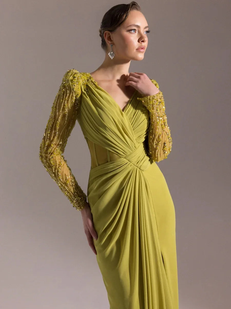 25066-V Yaka Omuzları İşlemeli Uzun Abiye Elbise - Kenzel