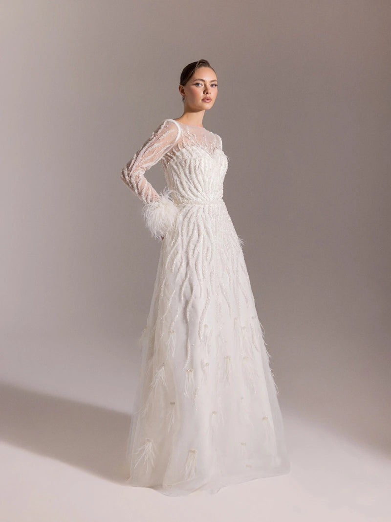 Full Beden İşlemelı̇, Kabarık Uzun Elbı̇se Ekru Ön