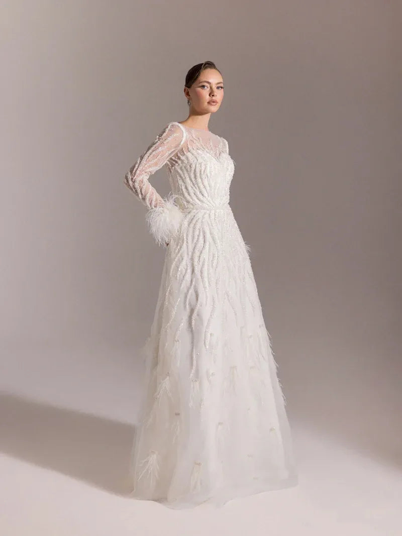 25072-Full Beden İşlemeli Kabarık Uzun Abiye Elbise - Kenzel