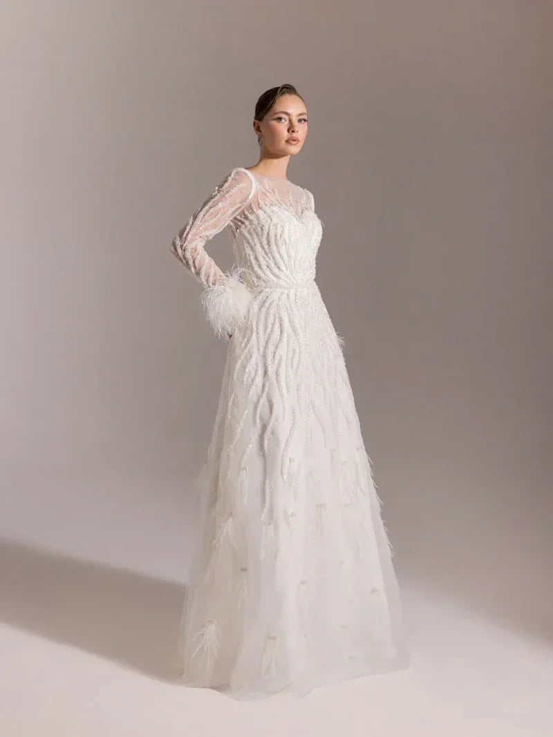 25072-Full Beden İşlemeli Kabarık Uzun Abiye Elbise - Kenzel