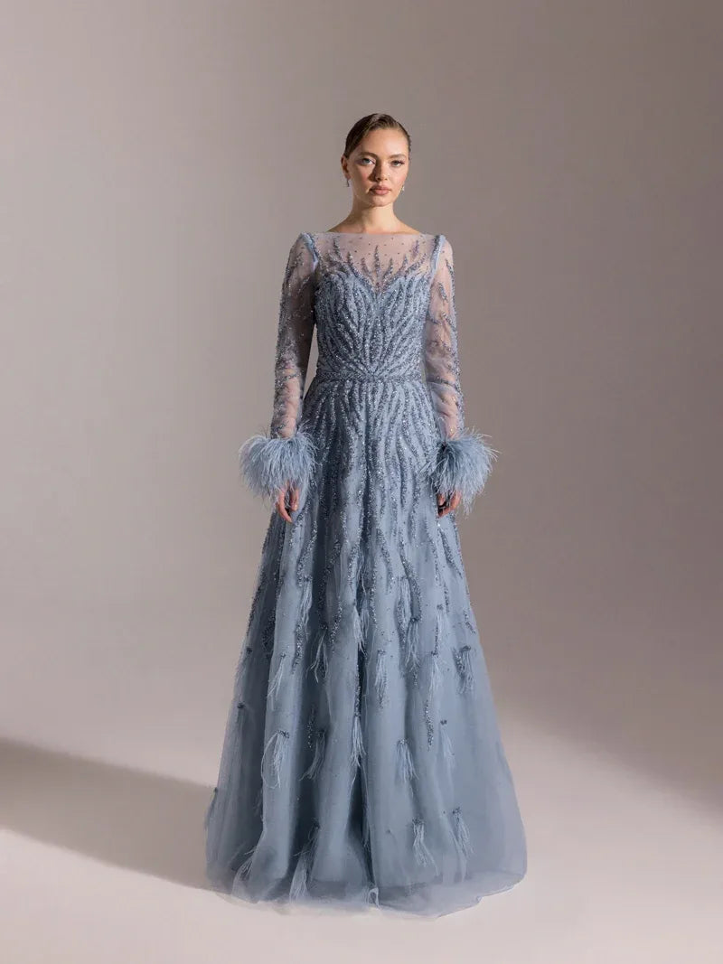 25072-Full Beden İşlemeli Kabarık Uzun Abiye Elbise - Kenzel