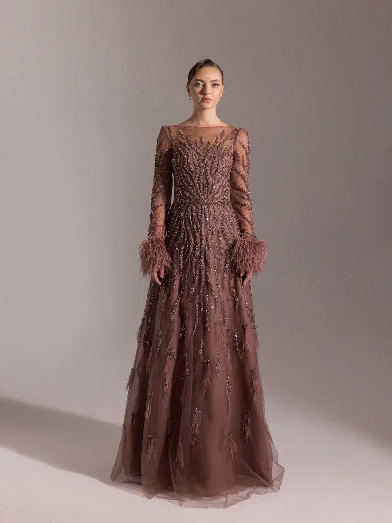 25072-Full Beden İşlemeli Kabarık Uzun Abiye Elbise - Kenzel