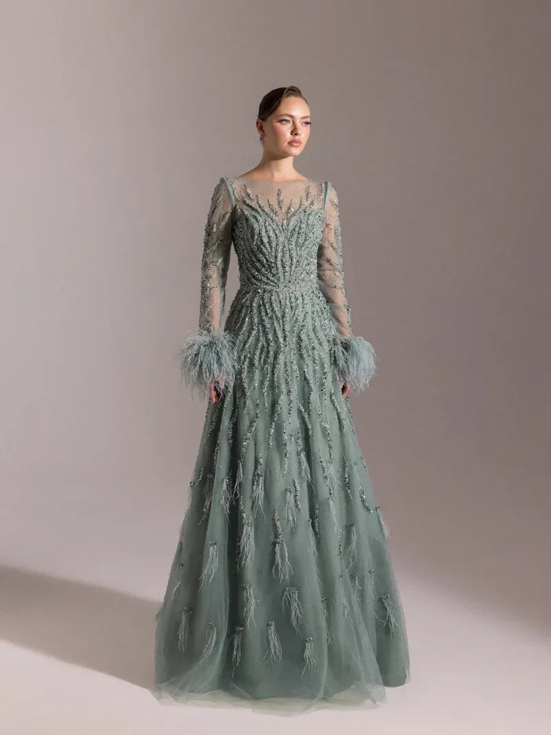 25072-Full Beden İşlemeli Kabarık Uzun Abiye Elbise - Kenzel