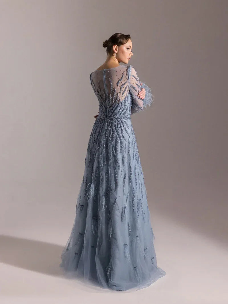 25072-Full Beden İşlemeli Kabarık Uzun Abiye Elbise - Kenzel