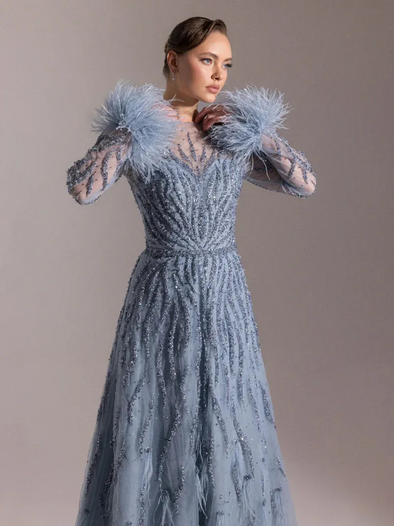 25072-Full Beden İşlemeli Kabarık Uzun Abiye Elbise - Kenzel