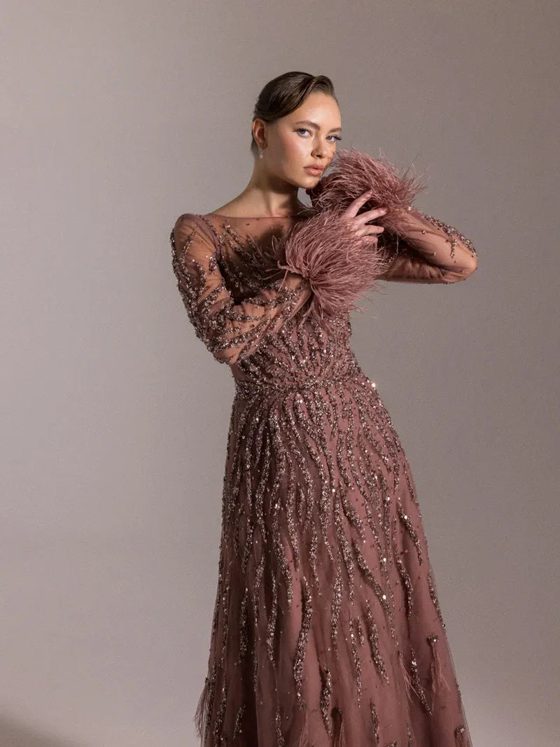 25072-Full Beden İşlemeli Kabarık Uzun Abiye Elbise - Kenzel