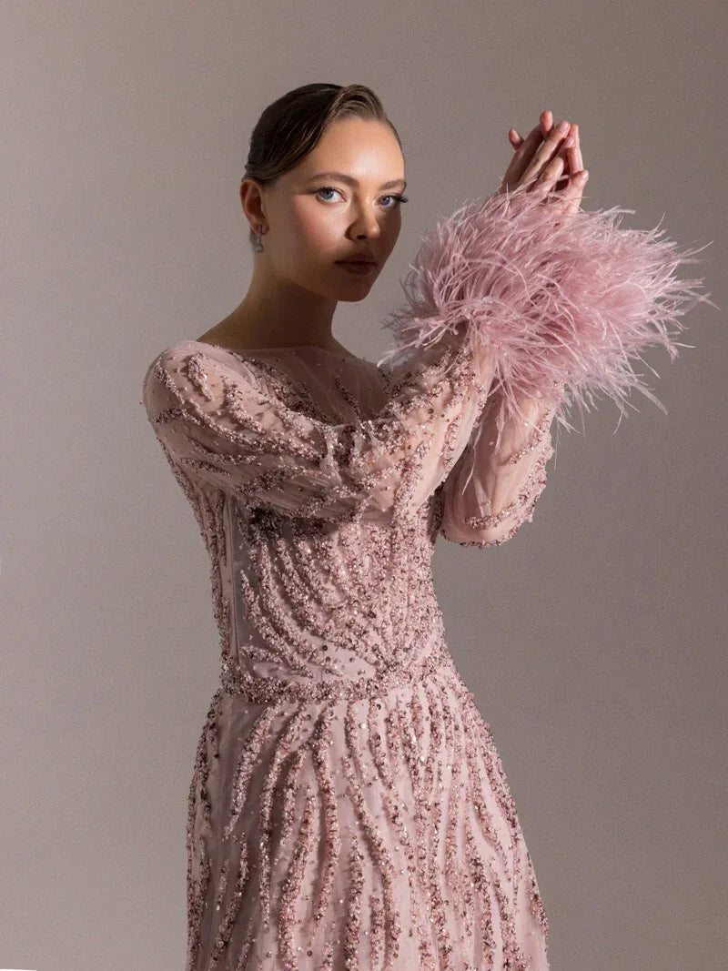 25072-Full Beden İşlemeli Kabarık Uzun Abiye Elbise - Kenzel