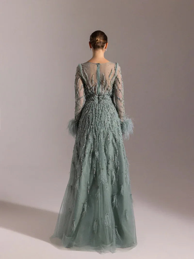 25072-Full Beden İşlemeli Kabarık Uzun Abiye Elbise - Kenzel