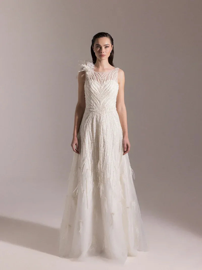 25073-Etekleri Otrişli Full Beden İşlemeli Kabarık Abiye Elbise - Kenzel