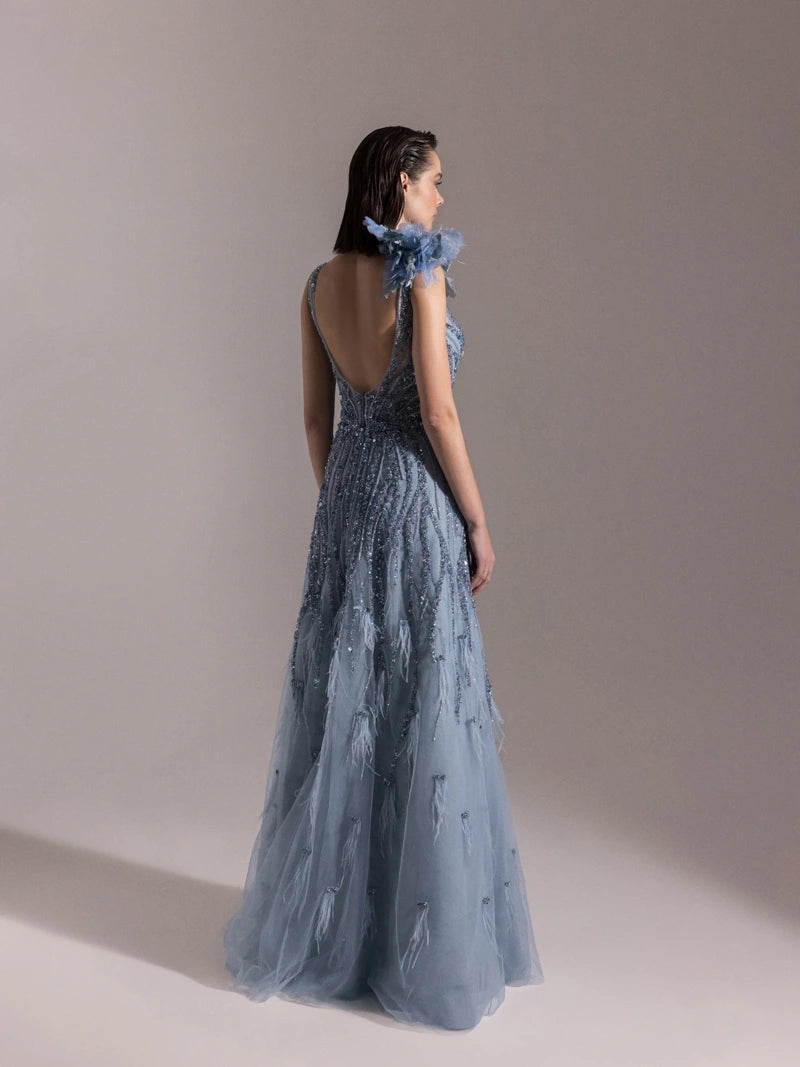 25073-Etekleri Otrişli Full Beden İşlemeli Kabarık Abiye Elbise