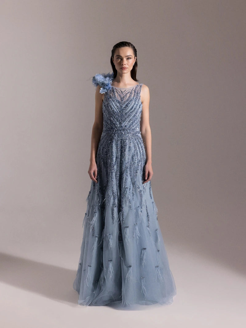 25073-Etekleri Otrişli Full Beden İşlemeli Kabarık Abiye Elbise