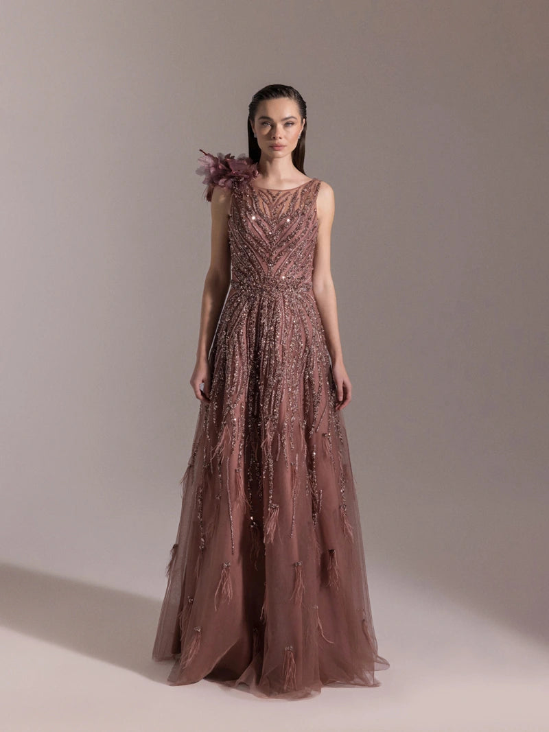 25073-Etekleri Otrişli Full Beden İşlemeli Kabarık Abiye Elbise