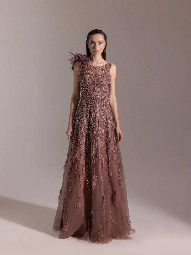 25073-Etekleri Otrişli Full Beden İşlemeli Kabarık Abiye Elbise - Kenzel