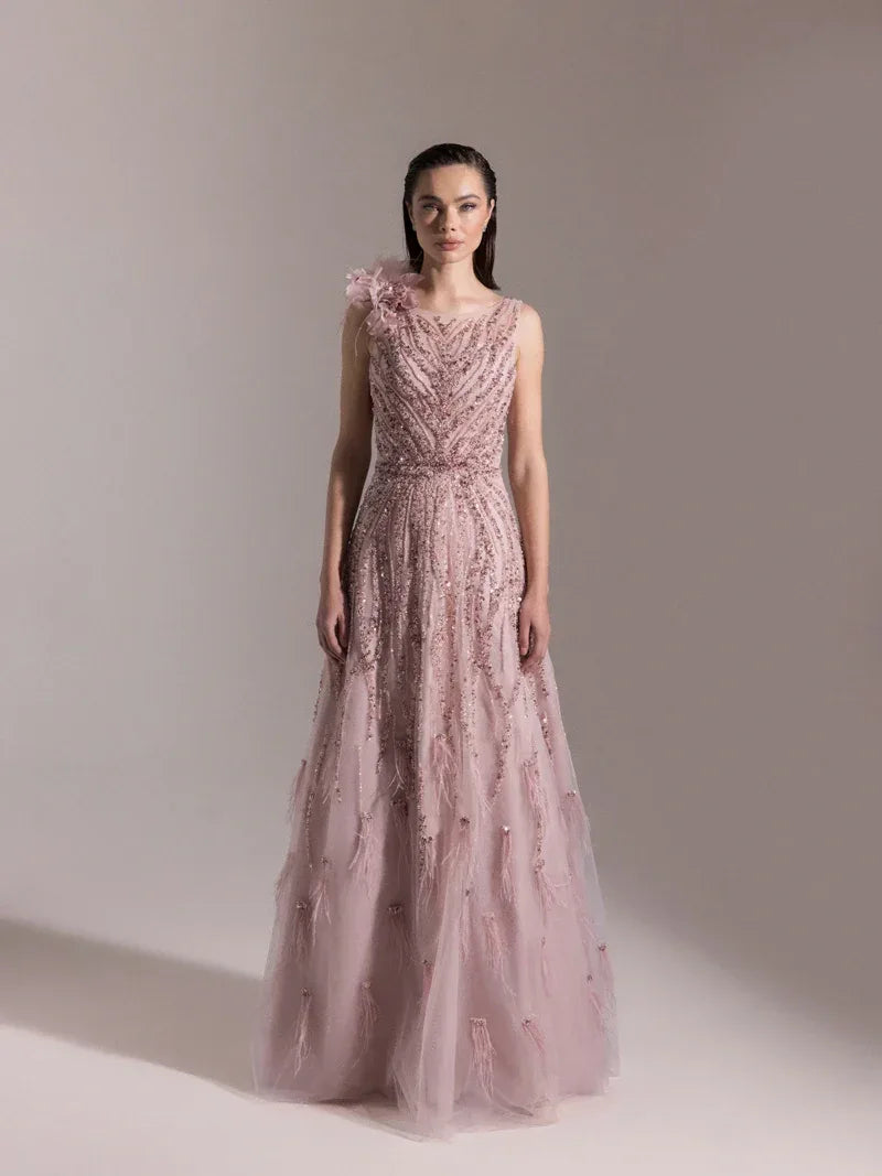 25073-Etekleri Otrişli Full Beden İşlemeli Kabarık Abiye Elbise - Kenzel