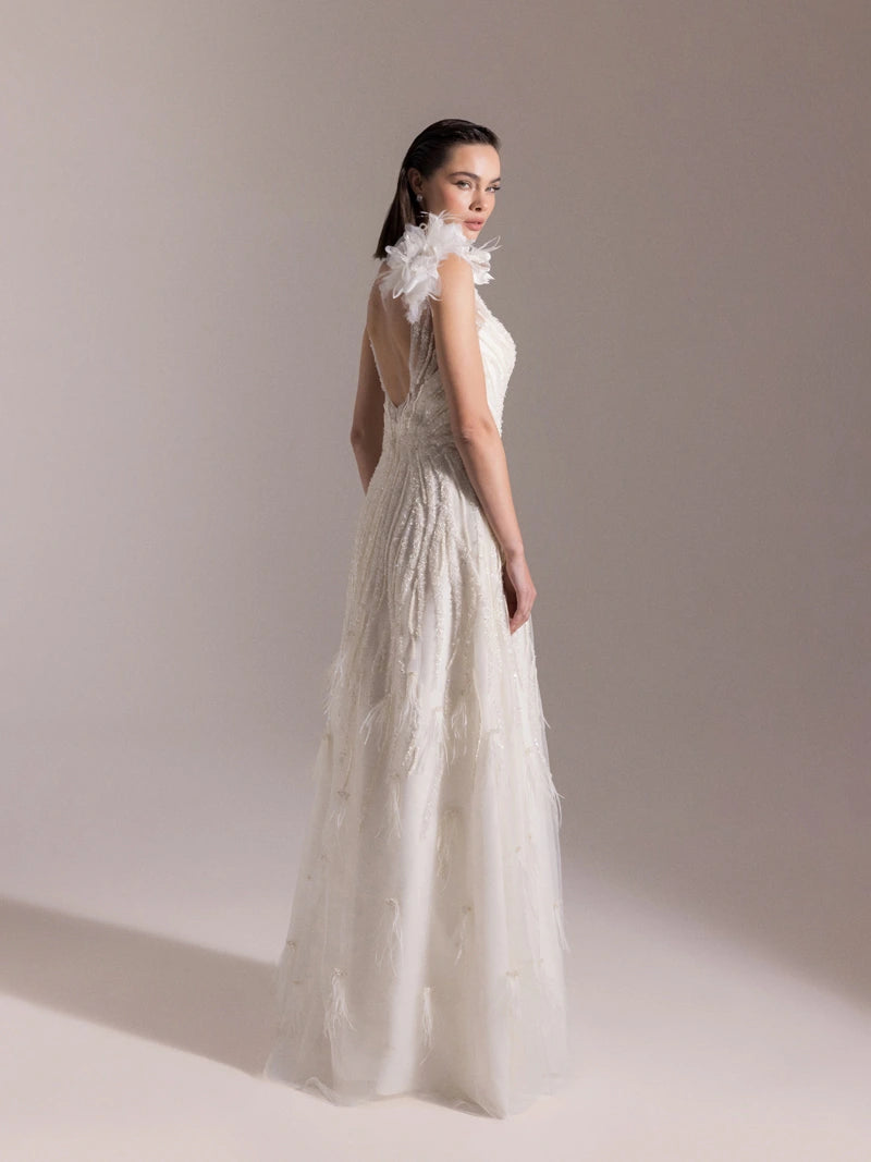 25073-Etekleri Otrişli Full Beden İşlemeli Kabarık Abiye Elbise