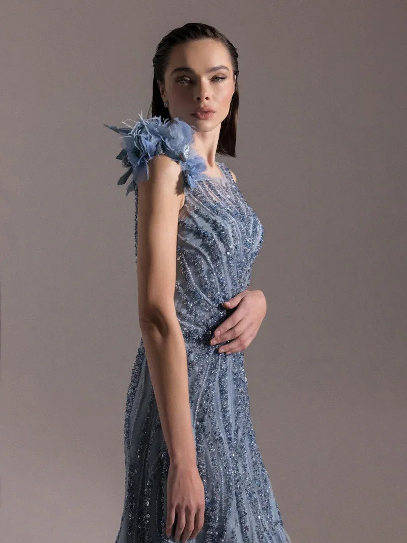 25073-Etekleri Otrişli Full Beden İşlemeli Kabarık Abiye Elbise - Kenzel