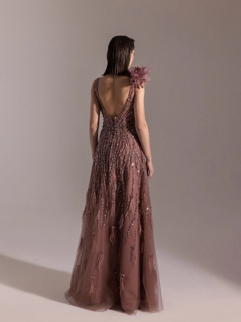 25073-Etekleri Otrişli Full Beden İşlemeli Kabarık Abiye Elbise