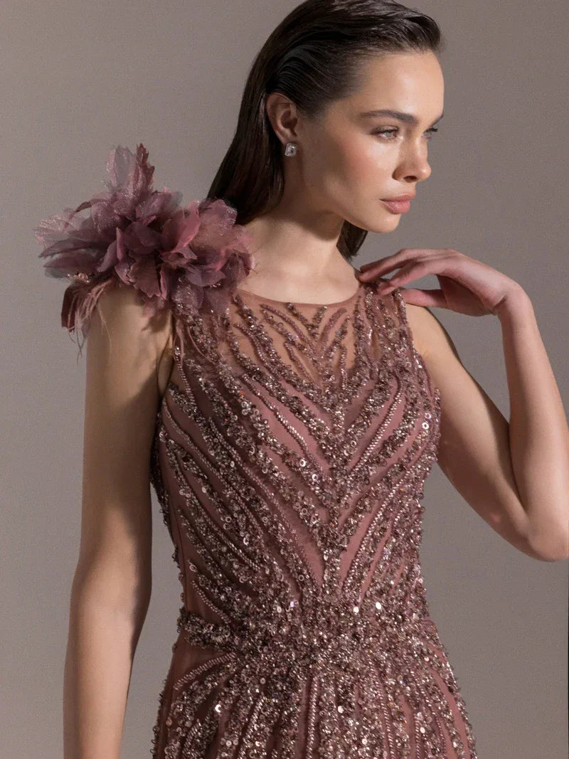 25073-Etekleri Otrişli Full Beden İşlemeli Kabarık Abiye Elbise - Kenzel