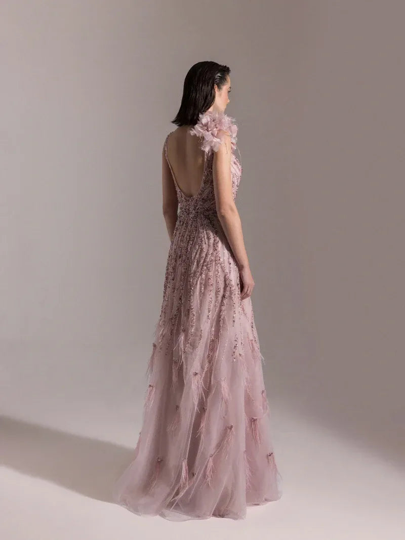 25073-Etekleri Otrişli Full Beden İşlemeli Kabarık Abiye Elbise - Kenzel