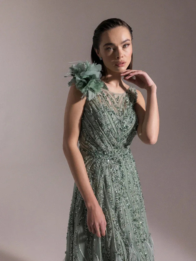 25073-Etekleri Otrişli Full Beden İşlemeli Kabarık Abiye Elbise - Kenzel