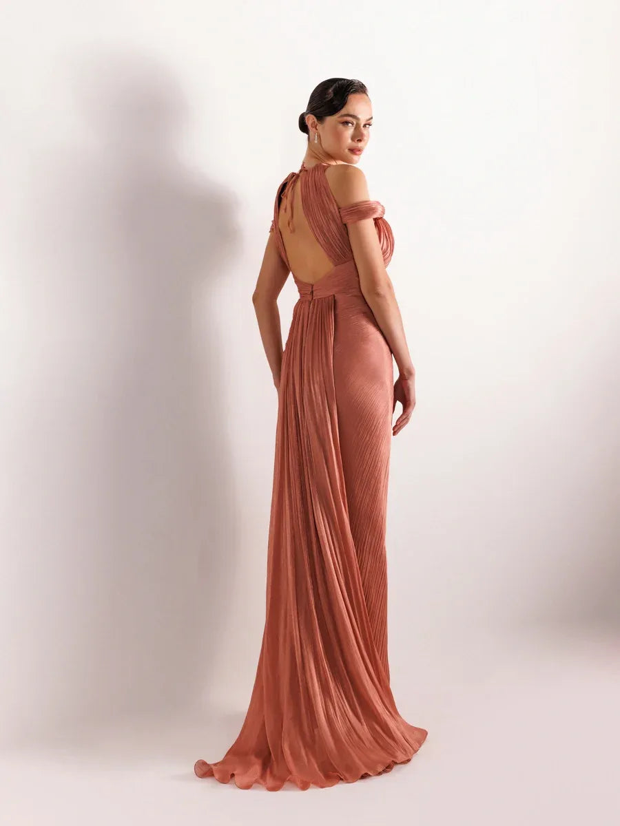 25074-Yakası Çiçekli Göğüs Dekoltesi İşlemeli Abiye Elbise - Kenzel