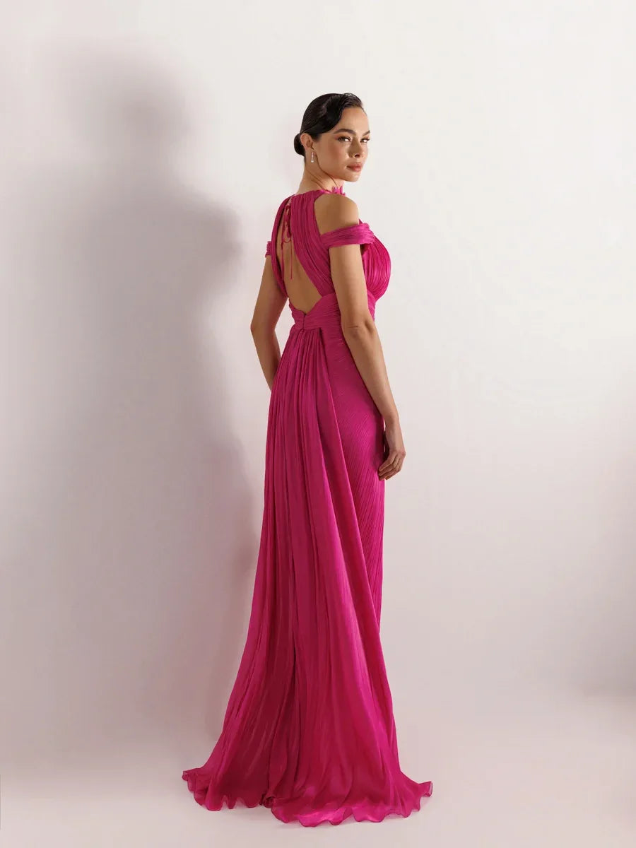 25074-Yakası Çiçekli Göğüs Dekoltesi İşlemeli Abiye Elbise - Kenzel