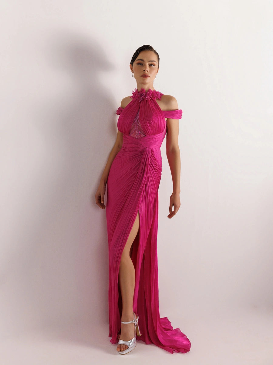 25074-Yakası Çiçekli Göğüs Dekoltesi İşlemeli Abiye Elbise