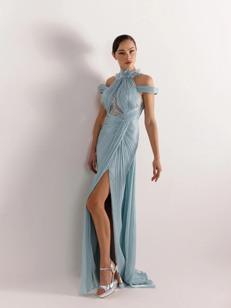 25074-Yakası Çiçekli Göğüs Dekoltesi İşlemeli Abiye Elbise