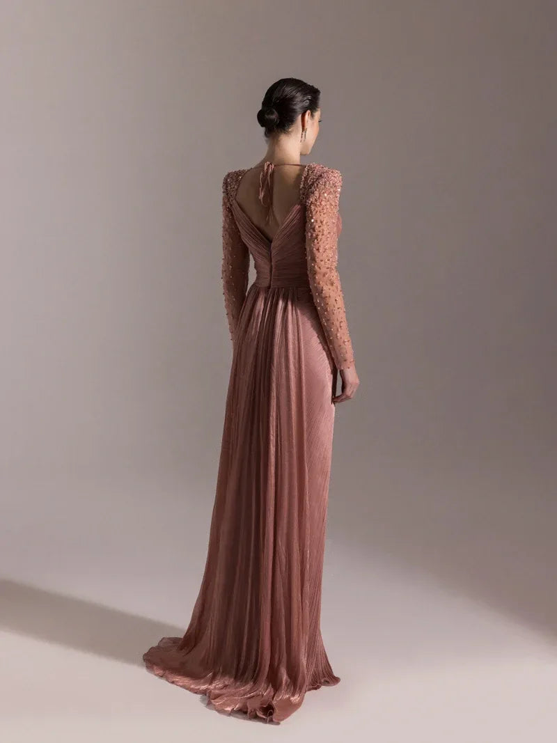 25075-Omuzları İşlemeli Piliseli Abiye Elbise - Kenzel