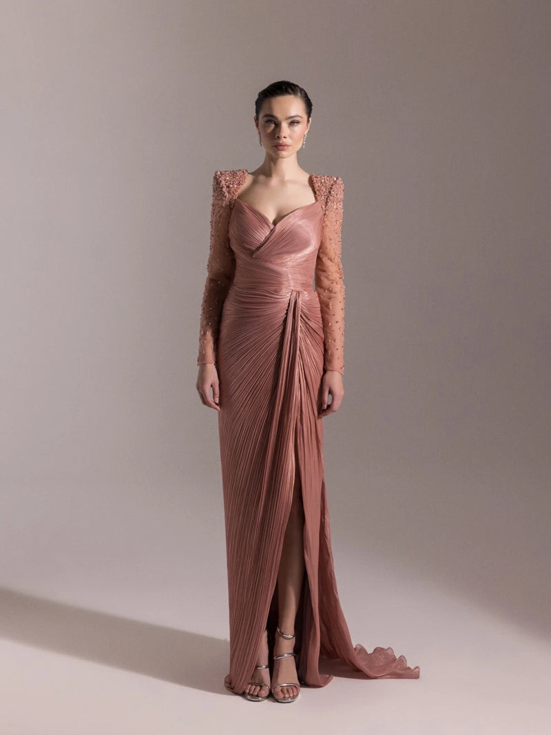 25075-Omuzları İşlemeli Piliseli Abiye Elbise