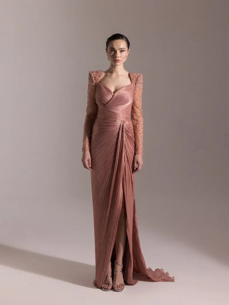 25075-Omuzları İşlemeli Piliseli Abiye Elbise - Kenzel