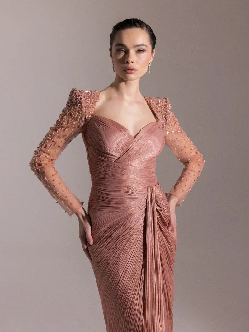 25075-Omuzları İşlemeli Piliseli Abiye Elbise - Kenzel