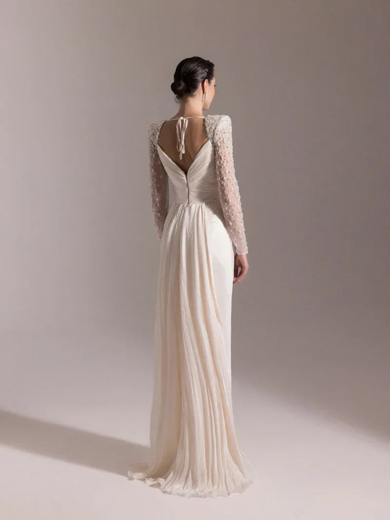 25075-Omuzları İşlemeli Piliseli Abiye Elbise - Kenzel