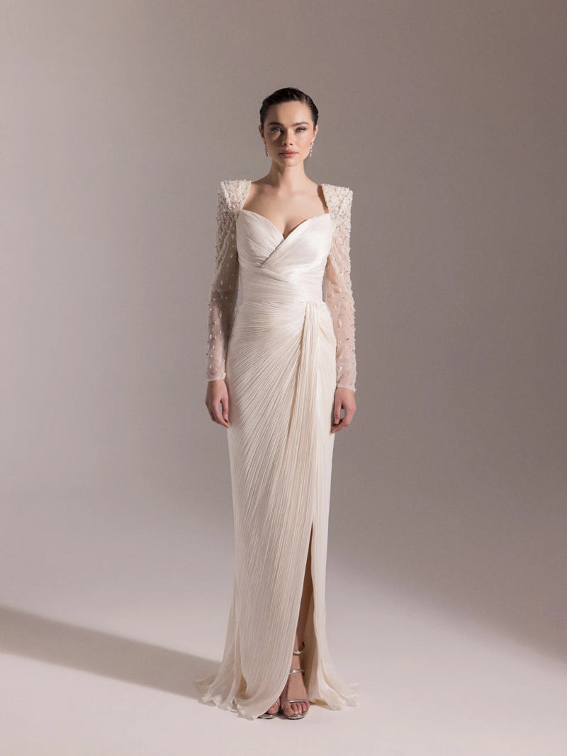 25075-Omuzları İşlemeli Piliseli Abiye Elbise