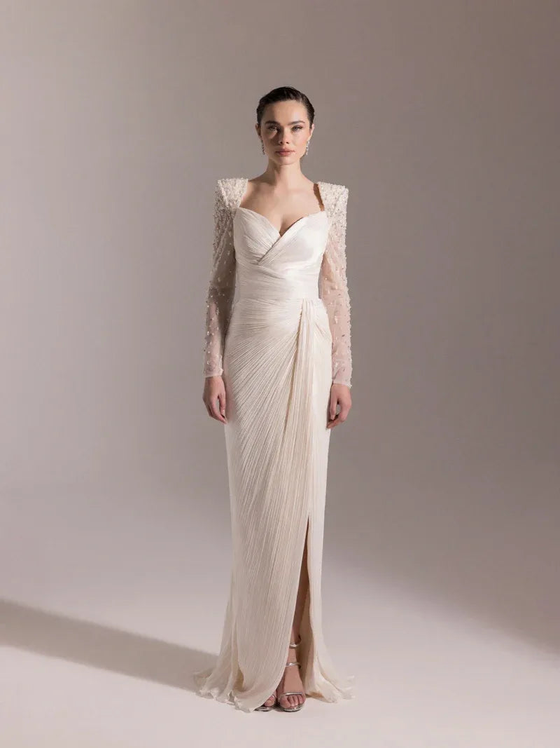 25075-Omuzları İşlemeli Piliseli Abiye Elbise - Kenzel