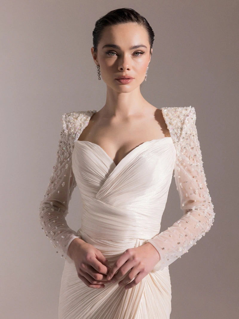 25075-Omuzları İşlemeli Piliseli Abiye Elbise