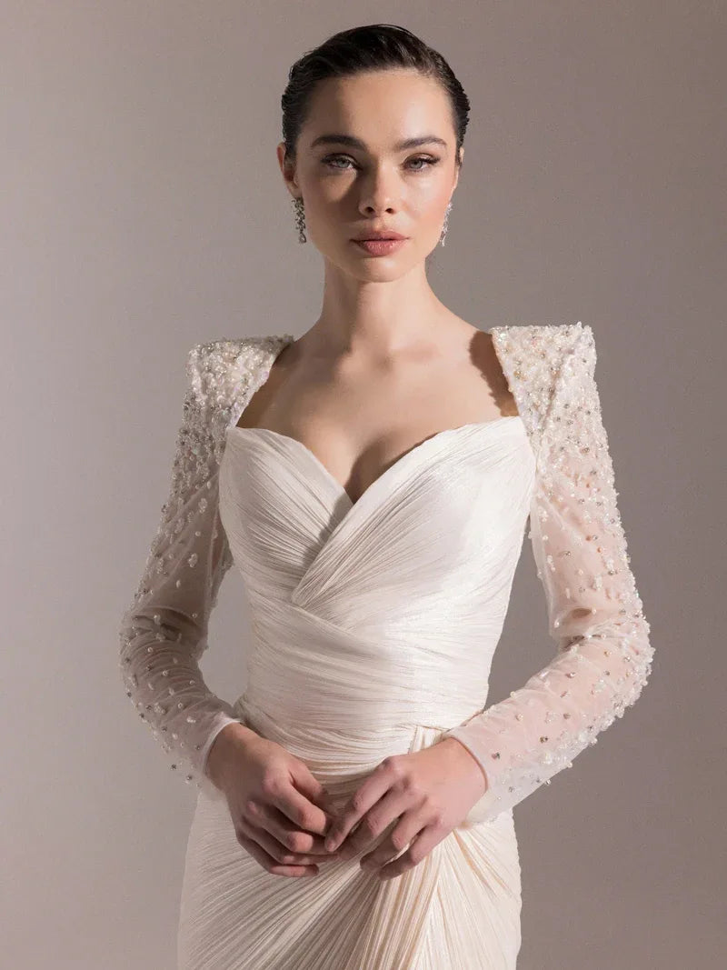 25075-Omuzları İşlemeli Piliseli Abiye Elbise - Kenzel