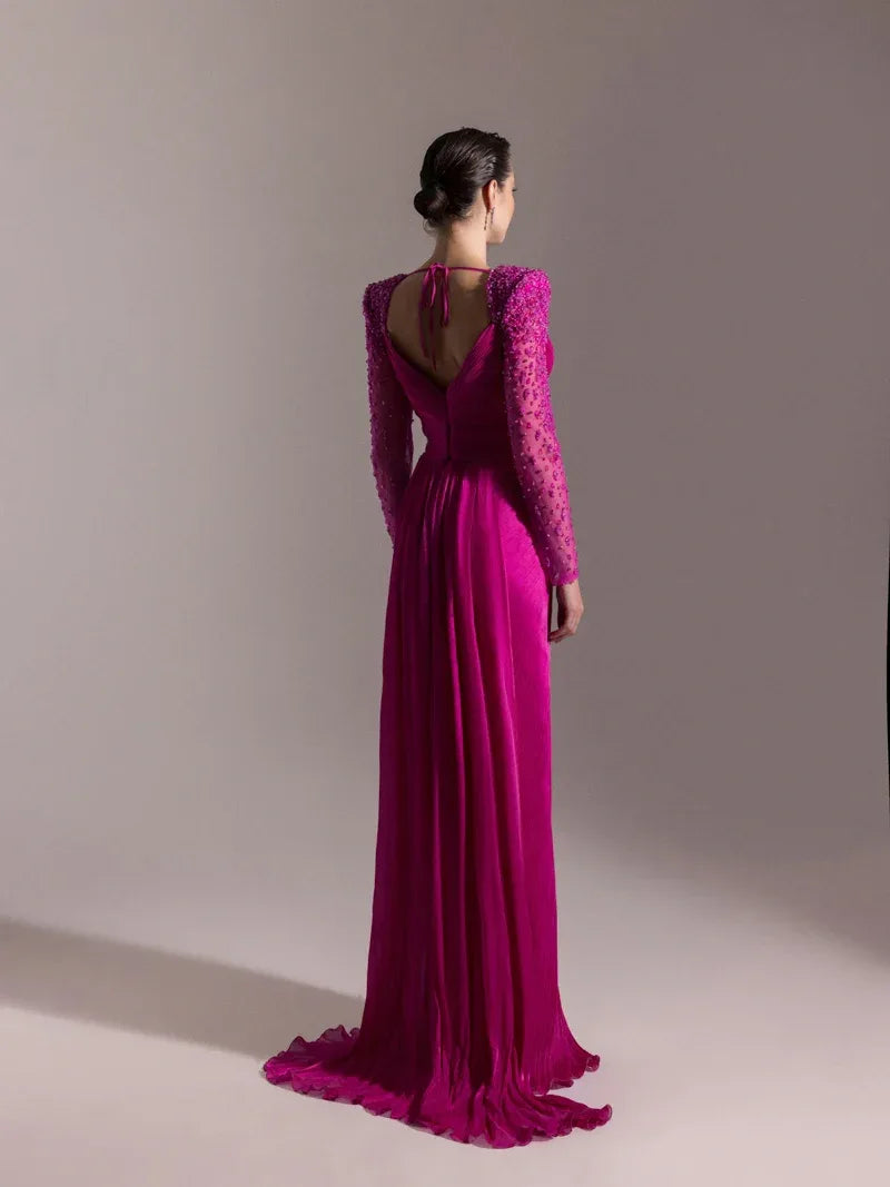 25075-Omuzları İşlemeli Piliseli Abiye Elbise - Kenzel