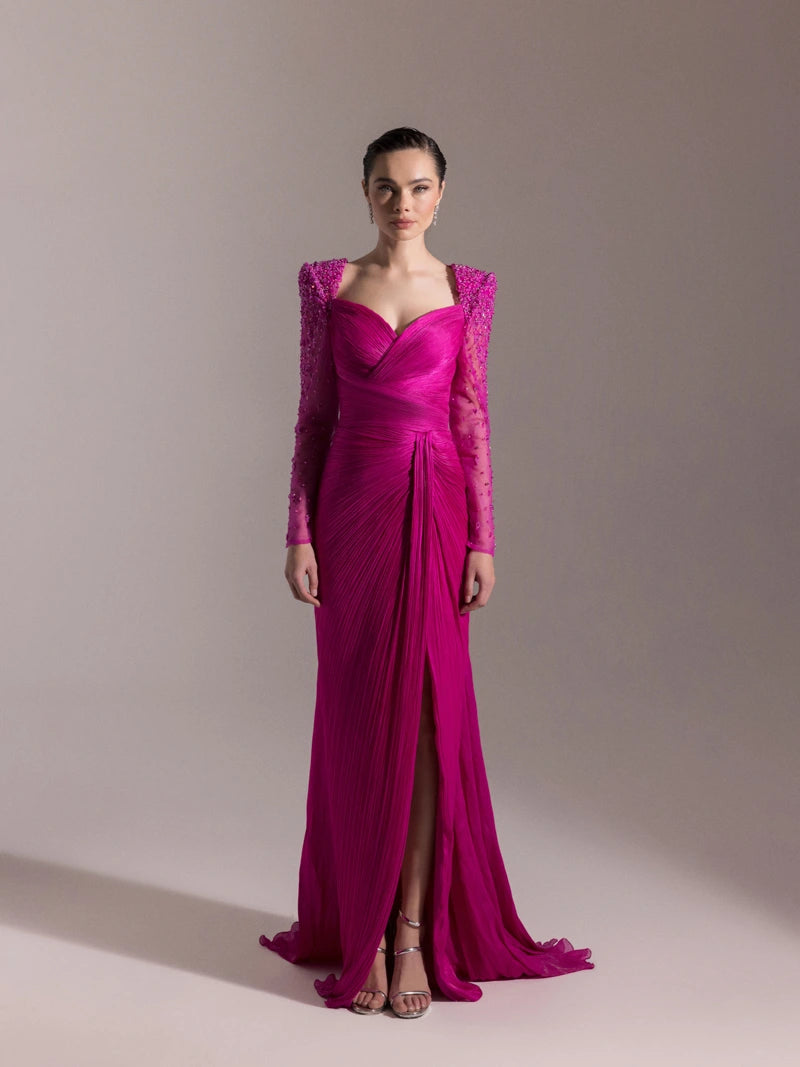 25075-Omuzları İşlemeli Piliseli Abiye Elbise