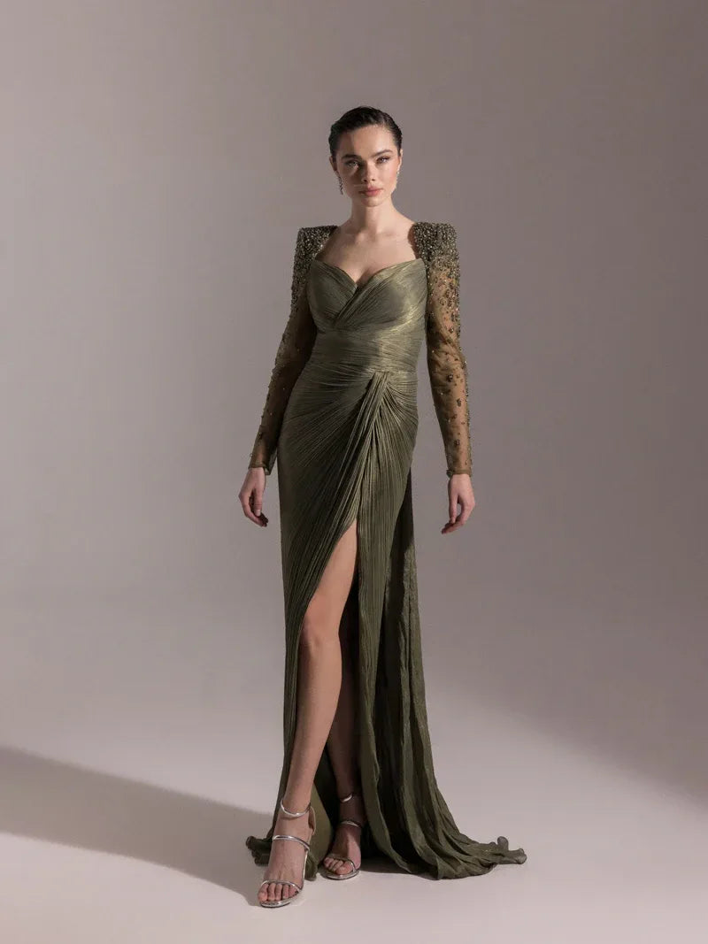 25075-Omuzları İşlemeli Piliseli Abiye Elbise - Kenzel