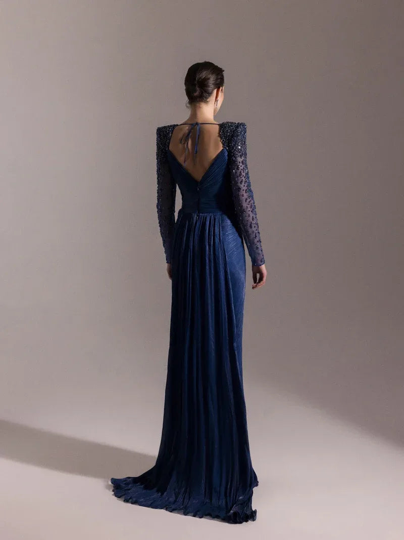 25075-Omuzları İşlemeli Piliseli Abiye Elbise - Kenzel