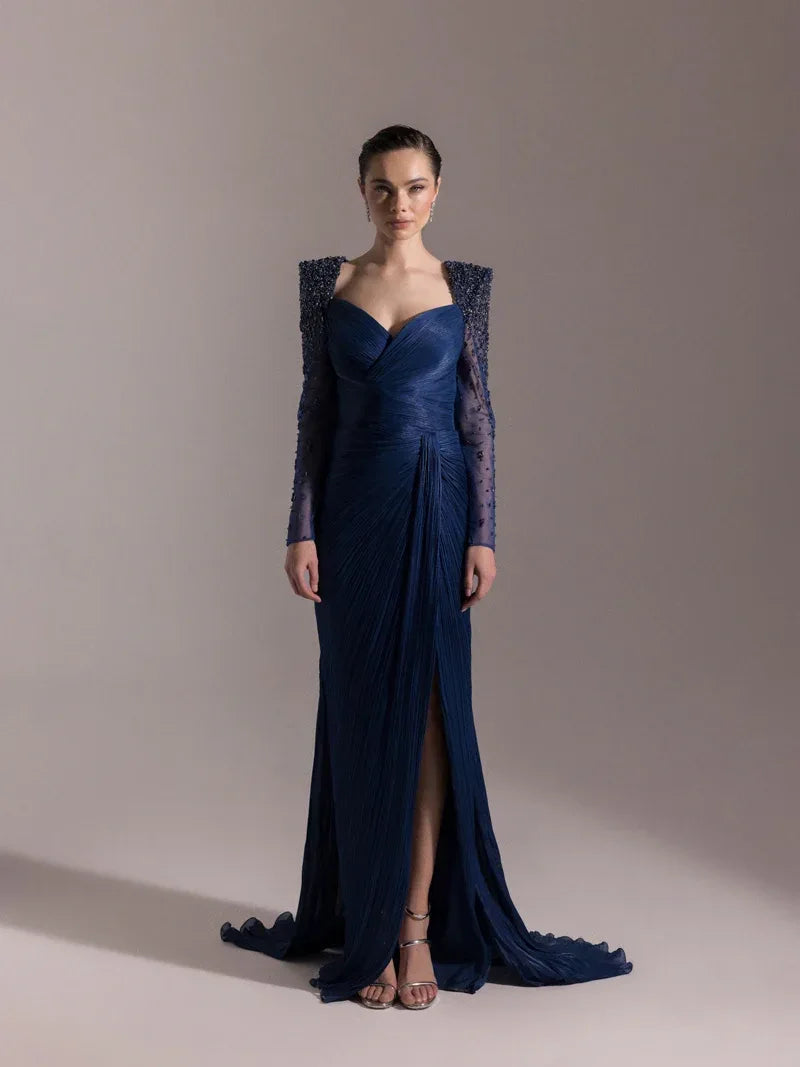 25075-Omuzları İşlemeli Piliseli Abiye Elbise - Kenzel